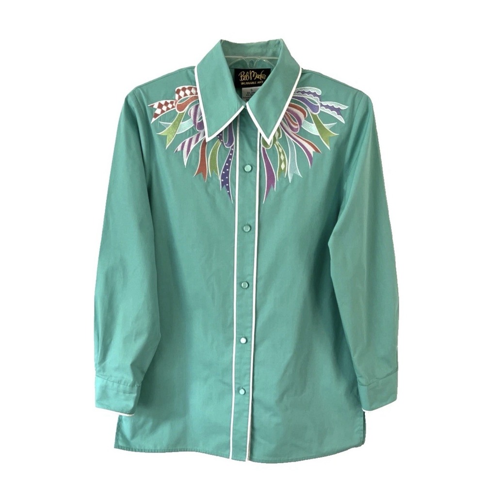 Bob Mackie Button Embroidered Bow Shirt XL Green Long Sleeve Womens B82